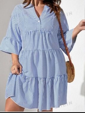 Shein Curve Blue and White Striped Tiered Shirt Dress Size 3XL